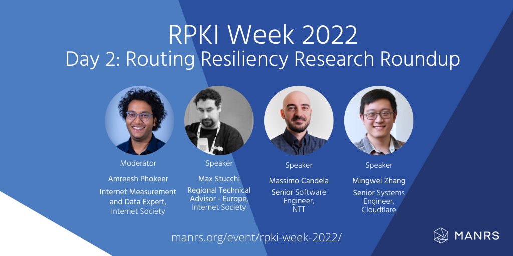 RoutingMANRS's tweet photo. In today's #RPKIWeek session (12:00-13:30 UTC), we will explore tools our research team is building and those our partners are developing. Hear from @heymingwei @webrobotics @amreesh @stucchimax.

There'll be a fun quiz and great prizes. Register now: https://t.co/HTnOfUwkUb https://t.co/wAoLCBuoTC