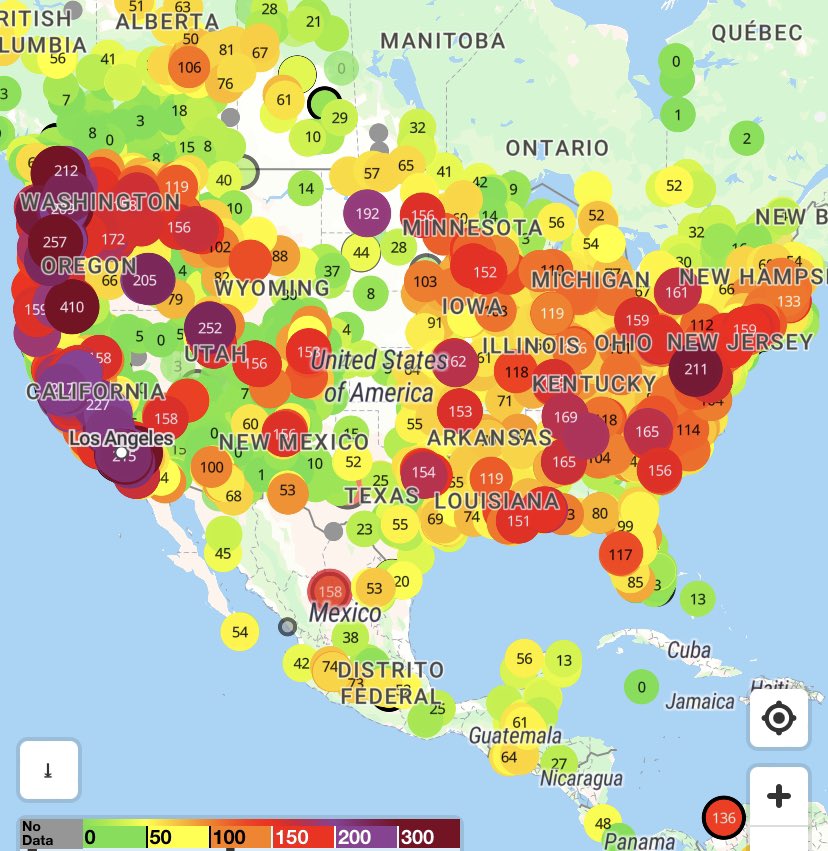 #Fireworks #July4th #AirPollution - @ThePurpleAir showing elevated level of particles pollution across #USA @jksmith34 @AerosolWatch @SanGasso @m_parrington @NASA_HAQAST @NASAARSET