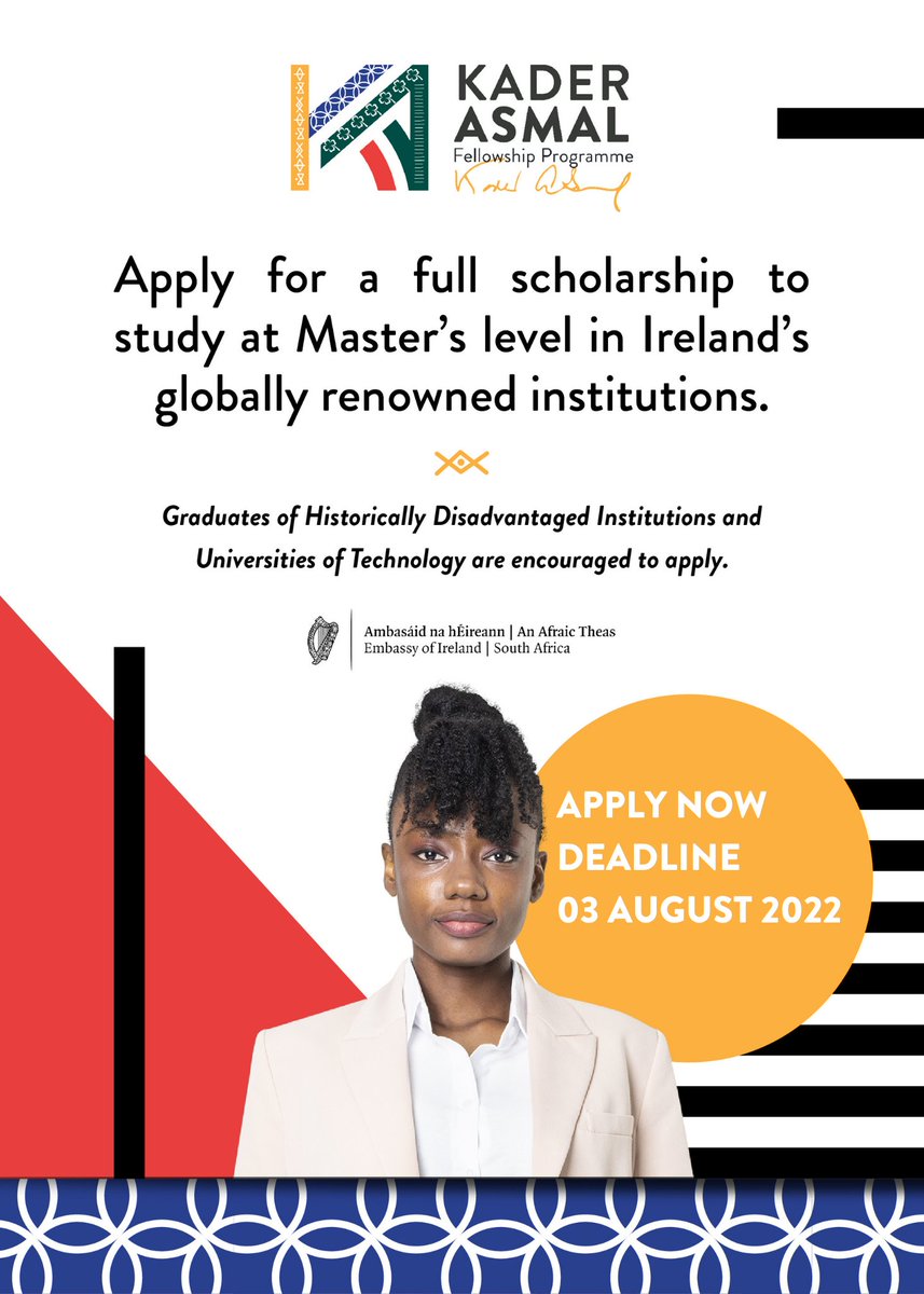 We're excited to announce that applications for the 2023-2024 Kader Asmal Fellowship Programme are now open. Apply now for a fully-funded scholarship to study a Master's level course in Ireland. The deadline for applications is 3 August 2022. 🔗: bit.ly/3am44bY