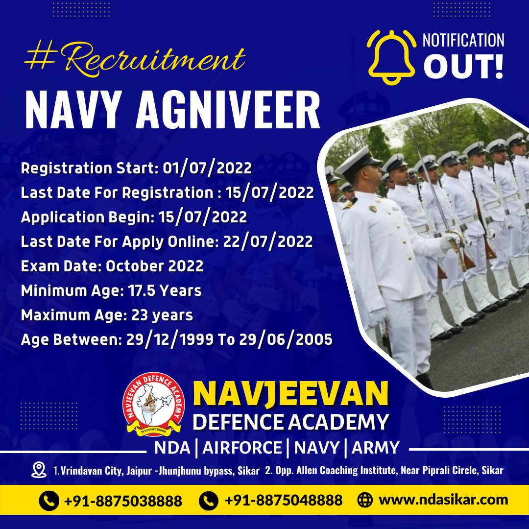 ndasikar's tweet photo. INDIAN NAVY AGNIVEER RECRUITMENT
👉Registration Start: 01/07/2022
👉Last Date For Registration: 15/07/2022
👉Application Begin: 15/07/2022
👉Last Date For Apply Online: 22/07/2022
👉Exam Date: October 2022
#bhartkeagniveer #Agnipath #recruitment #aniveer #navy #indiannavy https://t.co/4AdgyxOmau