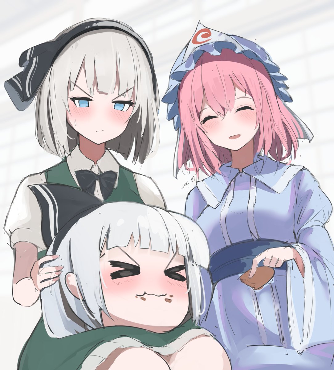 konpaku youmu ,saigyouji yuyuko multiple girls blue headwear hat mob cap blush closed eyes short hair  illustration images