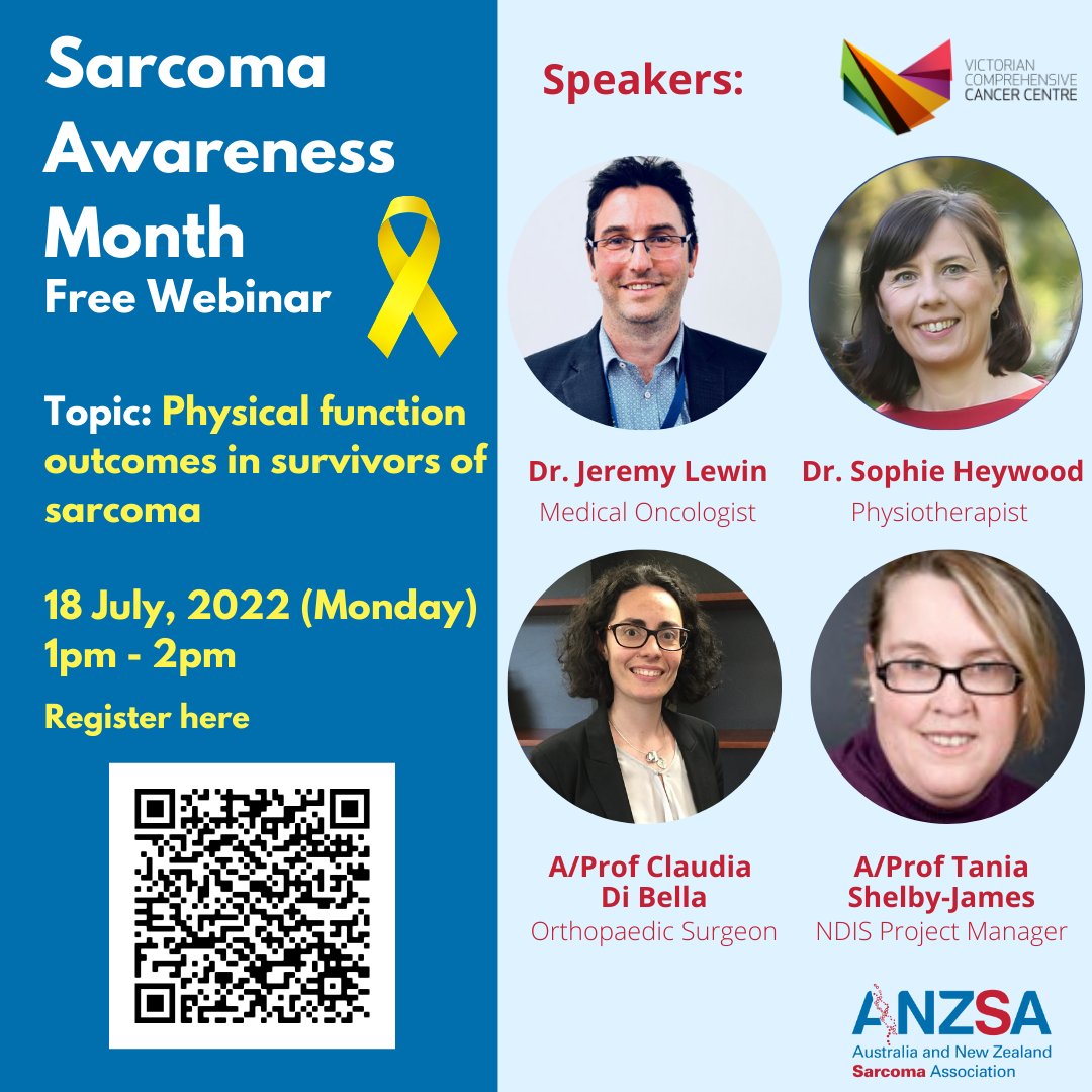 anzsarcoma's tweet photo. UPDATE! Our first webinar session on the topic of functional outcomes and rehabilitation in sarcoma patients has a new panellist.
We look forward to seeing you online!
Register here: https://t.co/OSXQPIjnlX
#SarcomaAwarenessMonth #CancerResearch #sarcoma #anzsa https://t.co/VkUPUMTzhU