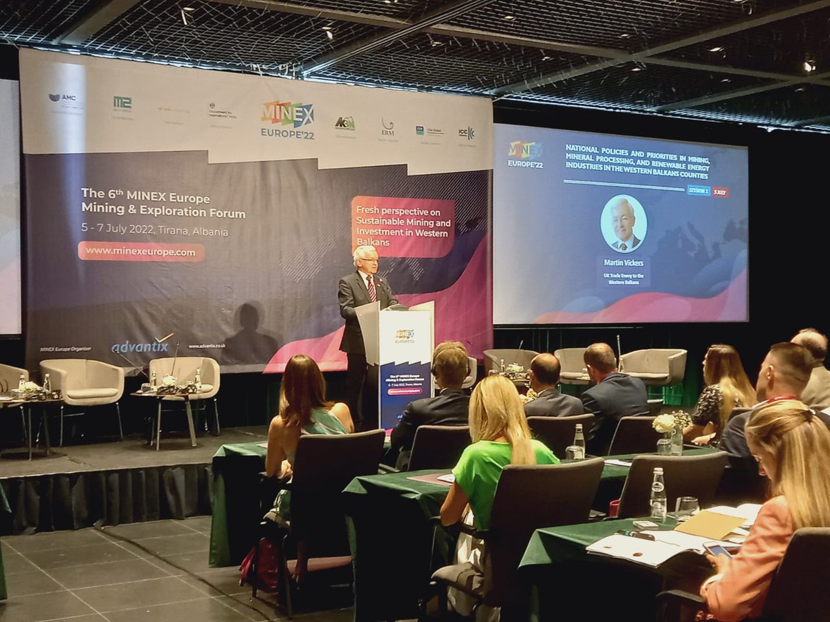 UKinAlbania's tweet photo. The Prime Minister’s Trade Envoy to the Western Balkans,@MartinVickers, kicked off his visit in #Albania 🇦🇱 by delivering the keynote speech to the @ForumMINEX, promoting regional co-operation in sustainable mining and renewable energy. #minexeurope #minexforum #Tirana https://t.co/Jow91LhBaG
