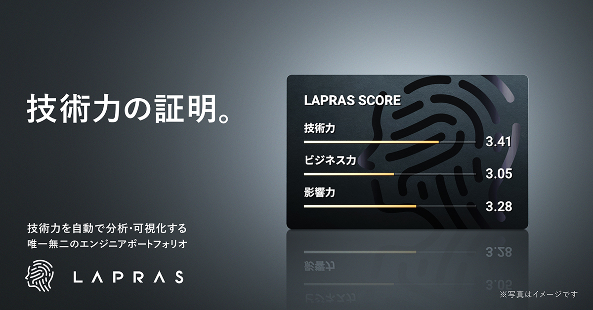 lapras_inc's tweet photo. あなたの「技術力」はどれくらいだろう?
ポートフォリオを自動で作成。
技術力スコアとあなたの順位を算出
SNS連携だけ、最短1分。無料です。