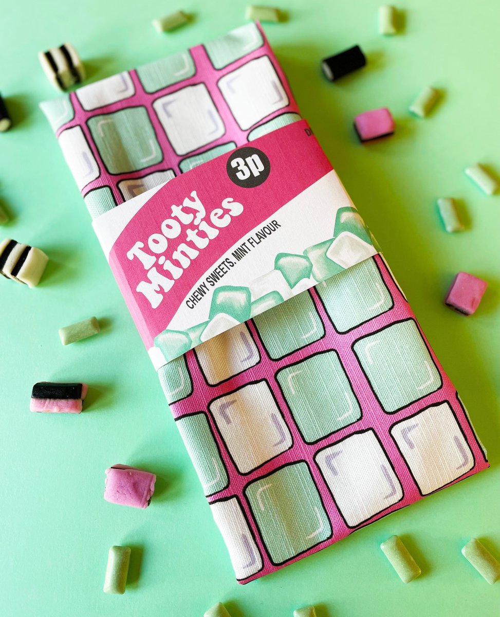 I had a  big order of new products come back from the printer last week and here is my 'Tooty Minties' inspired tea towel. Anyone old enough to remember these sweets?! No? Just me then... I thought so.... 😬🙄
#katieoldhaus #printmaker #retrosweets 
#sweettreats #1980schild