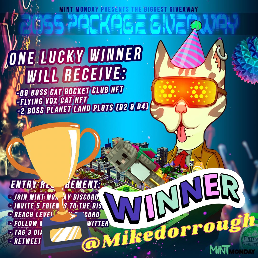 Congratulations to the Winner of our “Boss Package Giveaway” 🎉🎉@Mikedorrough #CNFTGiveaway #NFTGiveaway #CNFTCommunity #NFTCommunity #NFTs #CNFTs #BCRC #BossCats