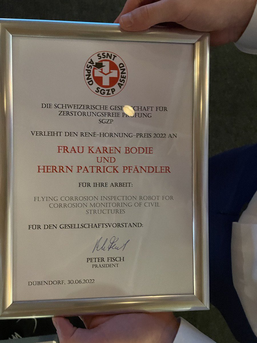 Durability_ETH's tweet photo. Wohooo! 🎉 Our PhD student, Patrick Pfändler was awarded the René Hornung Prize 2022 by the Swiss society for nondestructive testing for #innovation in the field of #nondestructivetesting. The #award is granted for exceptional work by young #researchers in the field of #ndt. https://t.co/utLUUKLWAU