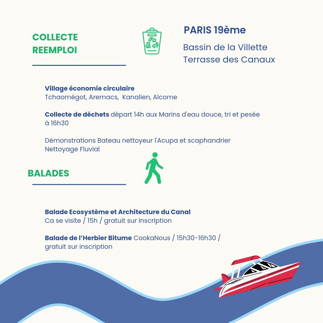 Ménage ton Canal c'est trois pôles d'animations, de sensibilisation et d'actions .
Aujourd'hui on vous explique ce qui va se passer pour le pôle : 
📍 PARIS 19e .
Pour t'inscrire à la collecte c'est par ici : bit.ly/3umbgvF
#MénageTonCanal #TerrasseDesCanaux #EteduCanal