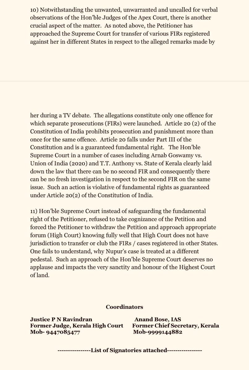 AdityaRajKaul's tweet photo. BIG: 15 retired judges, 77 bureaucrats &amp; 25 veterans of armed forces issue open statement against Supreme Court Justice Surya Kant &amp; Justice JB Pardiwala. “Such outrageous transgressions are without parallel in the annals of Judiciary”, it says while calling comments unfortunate. https://t.co/2xrfePtrEc