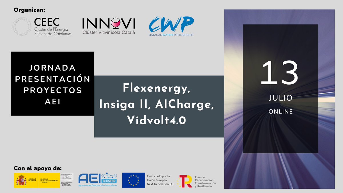 📢El <a href="/clusterEE/">Clúster de l'Energia Eficient de Catalunya</a>, amb <a href="/clusterinnovi/">INNOVI</a> i <a href="/CatalanWaterP/">CATWaterPartnership</a>, organitza el 13 de juliol una jornada de projectes AEI 2021, on s'hi presentaran Flexenergy, INSIGA II, AI Charge i VIDVOLT4.0.

🕑Hora: 9:30h
🗓️Dia: 13/7
📍Online
📝Inscripcions: bit.ly/3ykhrTz

No hi falteu!