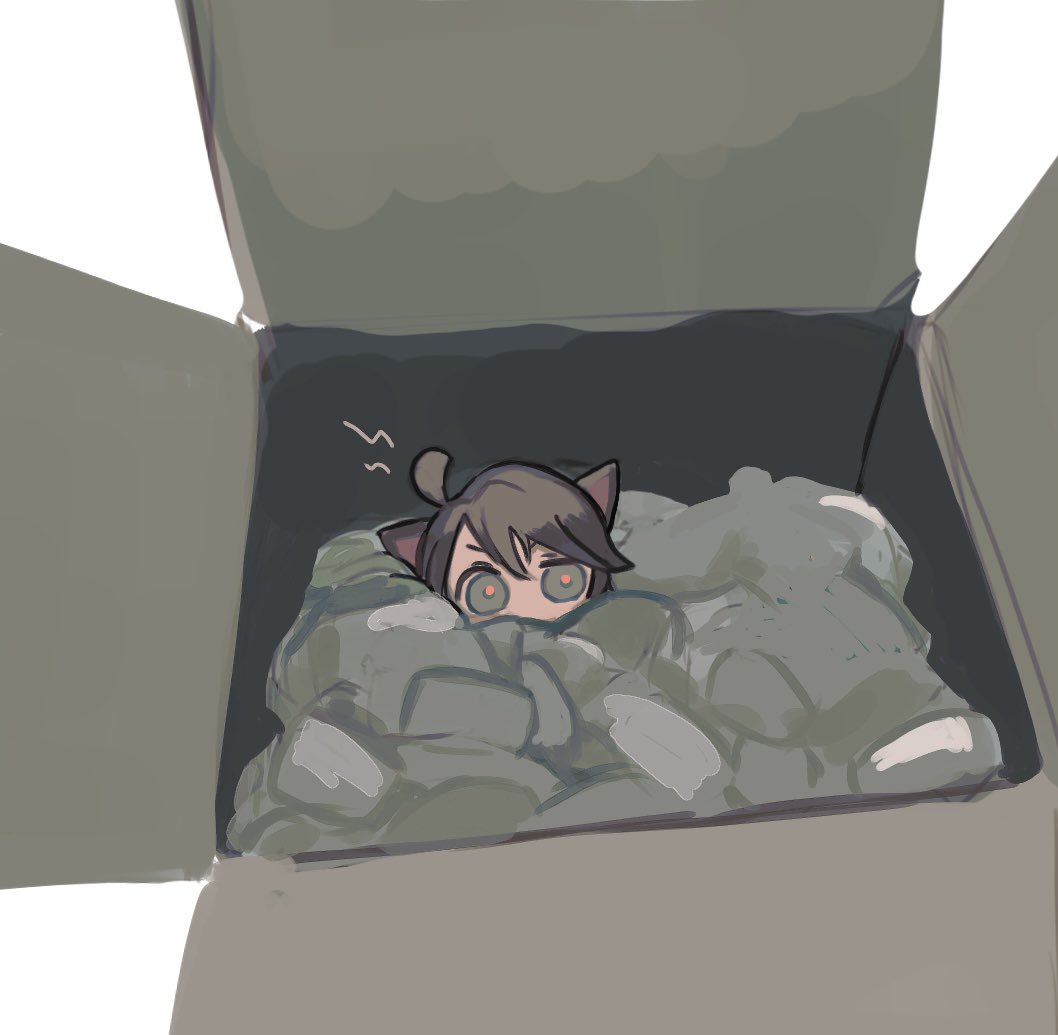 solo animal ears ahoge cat ears in container 1girl brown hair  illustration images