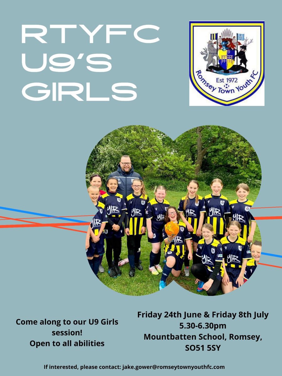 Romsey Town Youth FC (@officialrtyfc) on Twitter photo There’s still time to come and join the taster session for our U9 Girls team this Friday at Mountbatten School ⬇️ <a href="/HGYFL1/">Hampshire Girls Youth Football League</a> <a href="/RomseyPrimary/">Romsey Primary</a> @Halterworthsprt <a href="/AwbridgePrimary/">Awbridge Primary</a> <a href="/romseyabbeysch/">RomseyAbbeySchool</a> There’s still time to come and join the taster session for our U9 Girls team this Friday at Mountbatten School ⬇️ <a href="/HGYFL1/">Hampshire Girls Youth Football League</a> <a href="/RomseyPrimary/">Romsey Primary</a> @Halterworthsprt <a href="/AwbridgePrimary/">Awbridge Primary</a> <a href="/romseyabbeysch/">RomseyAbbeySchool</a>