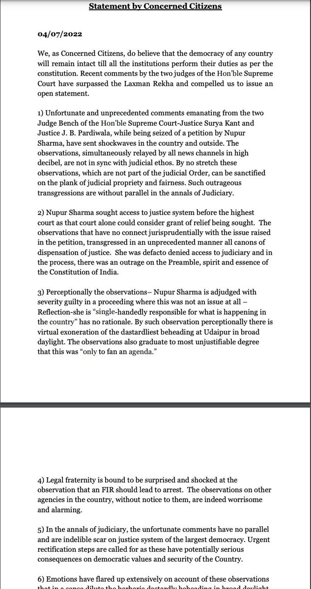 Sanjay_Dixit's tweet image. 117 concerned citizens including 15 Retired Judges, 77 rtd. bureaucrats (including me) and 25 rtd. Armed Forces Officers have expressed deep concern over the transgression of judicial propriety by J. Suryakant and J. Pardiwala in the Nupur Sharma petition. 
RT if you agree.