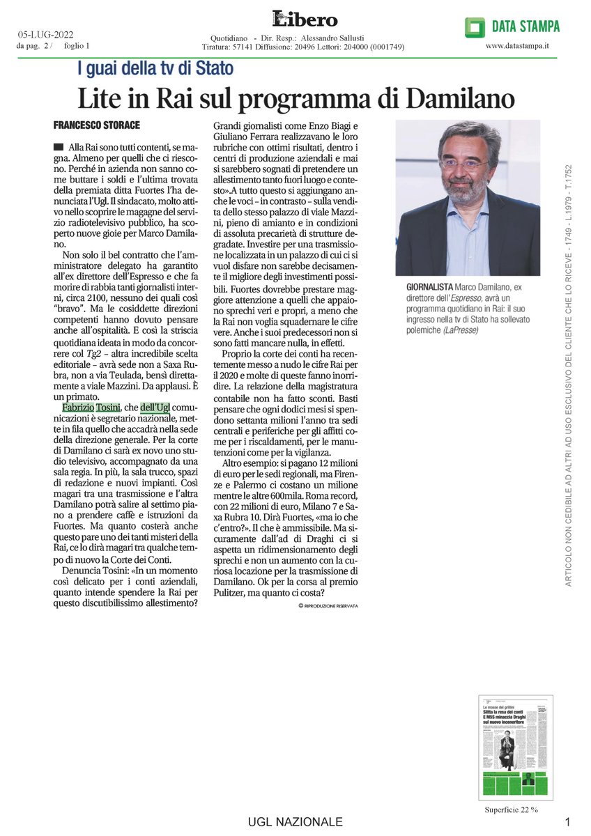 UGLConf's tweet photo. Su Libero Lite in Rai contro il nuovo programma di Damilano. @ftosini64  Ugl Comunicazioni: “Sperpero di denaro pubblico” https://t.co/1V6O0nP8LW