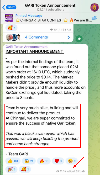 Moneygurudigi's tweet photo. #GARI Announcement before v/s after 🚨🚨
Earlier they Announce Buy back of gari as much as possible for support after some time they edited the post what a Dhoka  🤣🤣 

#GARISCAM #GARI #chingari #Crypto #SalmanKhan https://t.co/WF8ujktZSK