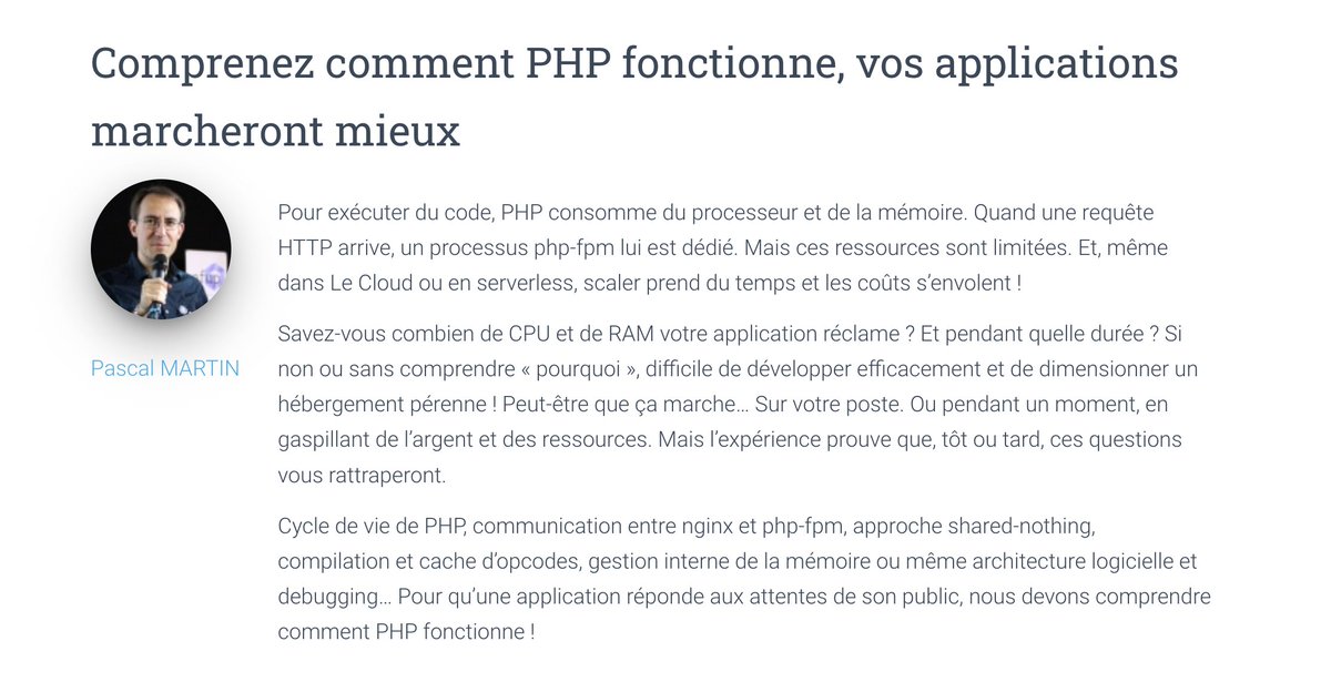 Une partie du programme du #ForumPHP, organisé par <a href="/afup/">AFUP</a> les 13 &amp; 14 octobre à Disneyland Paris, est en ligne 🎉 

🎤 Cette année, j'aurai l'immense plaisir de vous présenter « Comprenez comment PHP fonctionne, vos applications marcheront mieux » !

event.afup.org/forum-php-2022…