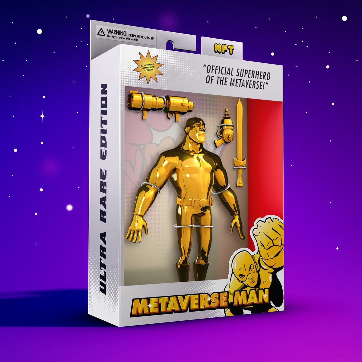 MetaverseManNFT's tweet photo. Hey heroes! Let's all welcome our very first debut of Metaverse Man 1/1 Ultra Rare Gold Edition NFT 🚀🚀
 
Each 1/1 Ultra Rare NFT will consist of its very own special toy box design, along with weapons and accessories to match the 1/1 color 👀

#MetaverseMan #NFT #NFTCommunity https://t.co/cQGOWf4Nir