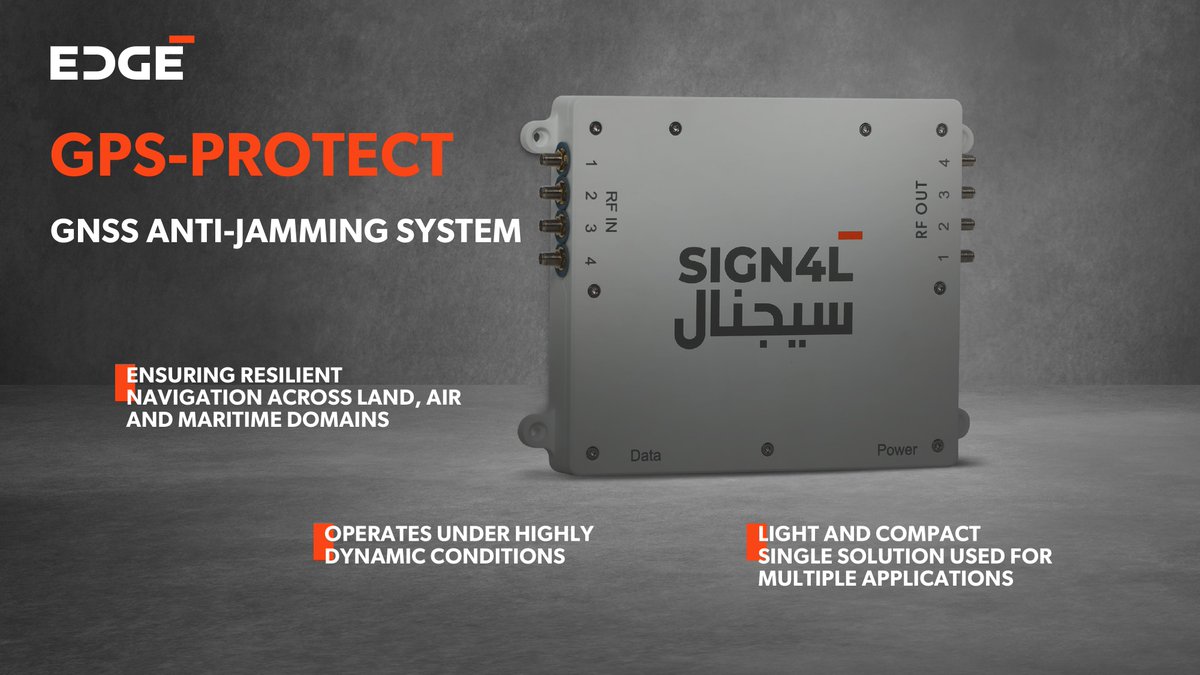 _edgegroup's tweet photo. Our GPS-PROTECT is a GNSS anti-jamming system that ensures resilient navigation across land, air and maritime domains. Discover more: https://t.co/mF6APpwGrt #LeadingEDGE #FuturePossible https://t.co/48vcQfNyti