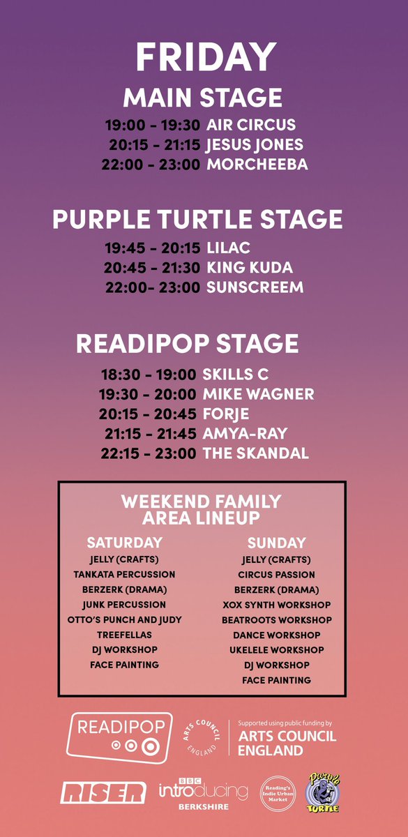 Readipop's tweet photo. STAGE TIMES FOR READIPOP FESTIVAL ARE HERE!! V limited tickets left from https://t.co/ybscKok1UG for Sugarhill Gang @MorcheebaBand @badly_drawn_boy @stealingsheep @jesusjonesband @SunscreemUK @TGUnderground In Conversation: @stephenpdmorris (New Order) @richardjobson (The Skids) https://t.co/AqSRbLQgbf
