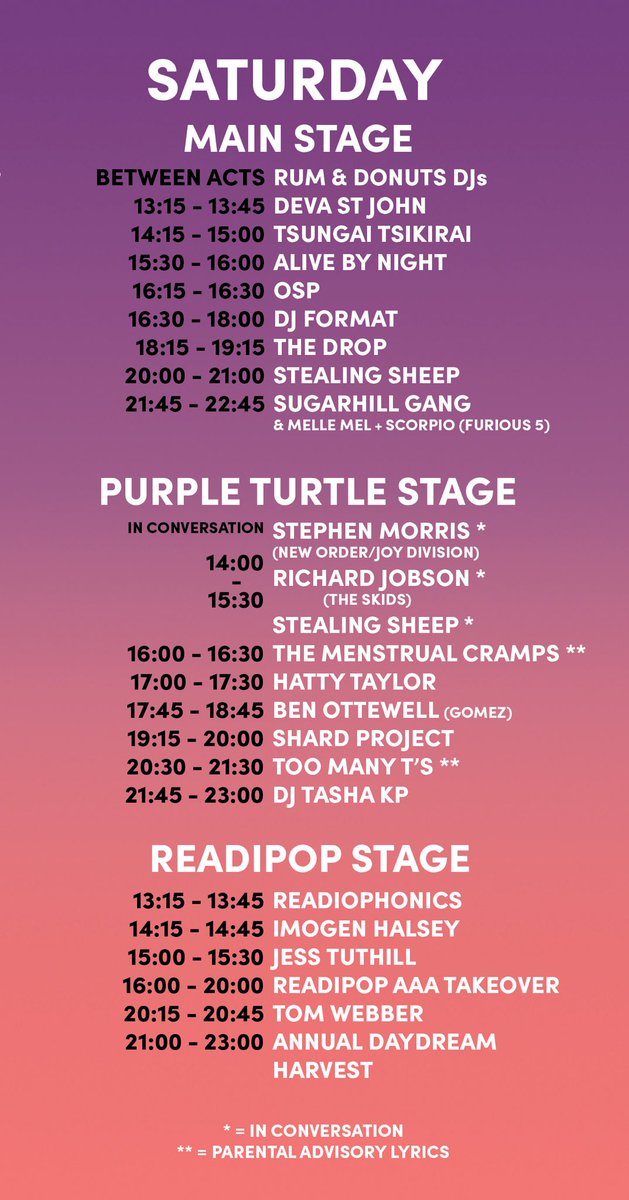 Readipop's tweet photo. STAGE TIMES FOR READIPOP FESTIVAL ARE HERE!! V limited tickets left from https://t.co/ybscKok1UG for Sugarhill Gang @MorcheebaBand @badly_drawn_boy @stealingsheep @jesusjonesband @SunscreemUK @TGUnderground In Conversation: @stephenpdmorris (New Order) @richardjobson (The Skids) https://t.co/AqSRbLQgbf
