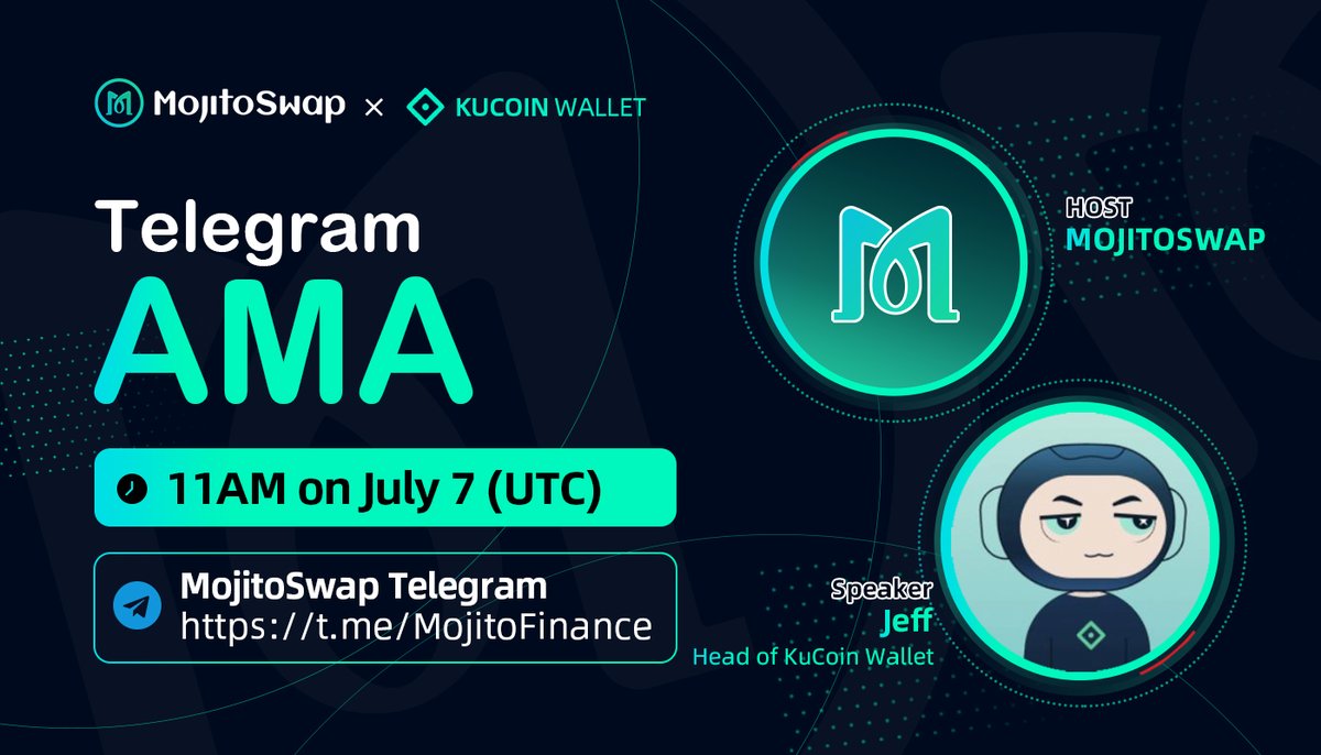 MojitoSwap's tweet photo. 💃AMA with @KuWallet 💃
 
🎁 $200 Giveaway🔥
⏰11AM on July 7(UTC)
 
1⃣ Join https://t.co/2C0Pdou7TY
2⃣ Like, RT, Tag 2
3⃣ More Entries: https://t.co/9si2AsRZ3M https://t.co/7SLnG7TvTd