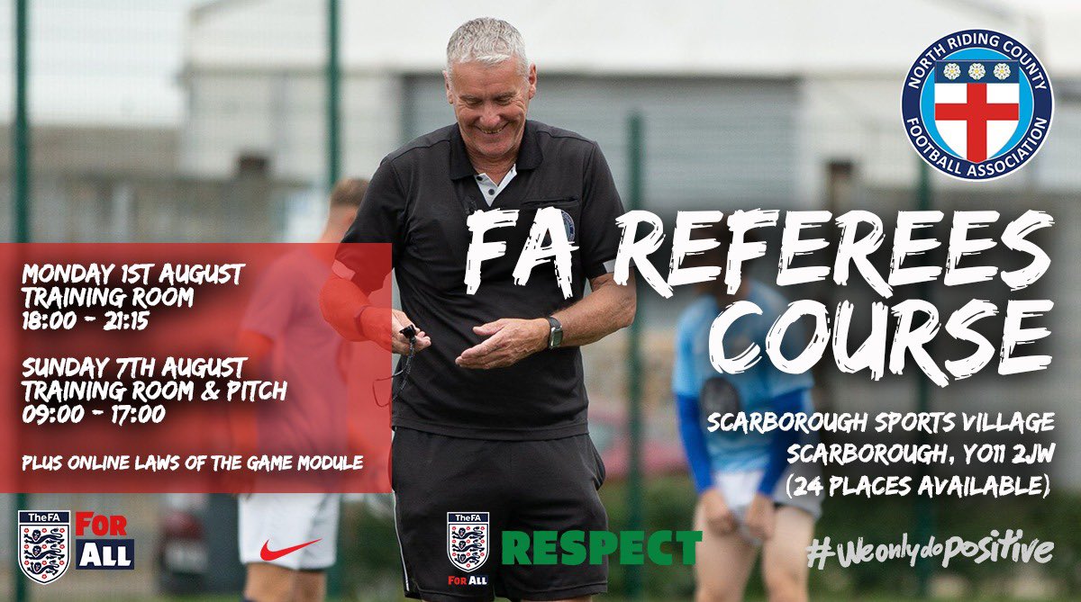COURSE | On Monday 1st August, we're heading to #Scarborough for a brand-new FA #RefereeCourse! 

Want to pick up the whistle for the first time?

Email support@northridingfa.com to register interest 

For more info on your next steps, visit bit.ly/3H3Enci 

#NRCFAREFDEV