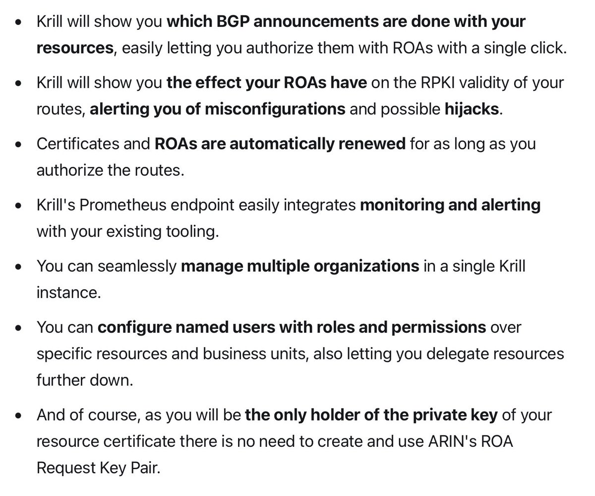 NLnetLabs's tweet photo. 1/ If you run Delegated #RPKI with Krill you get auto-renewing ROAs, a common user interface, API and authentication, which are all especially nice for organizations who manage resources in multiple RIR regions. #RoutingSecurity #RPKIWeek — Thread 🧵 https://t.co/kYgoeiHS7y