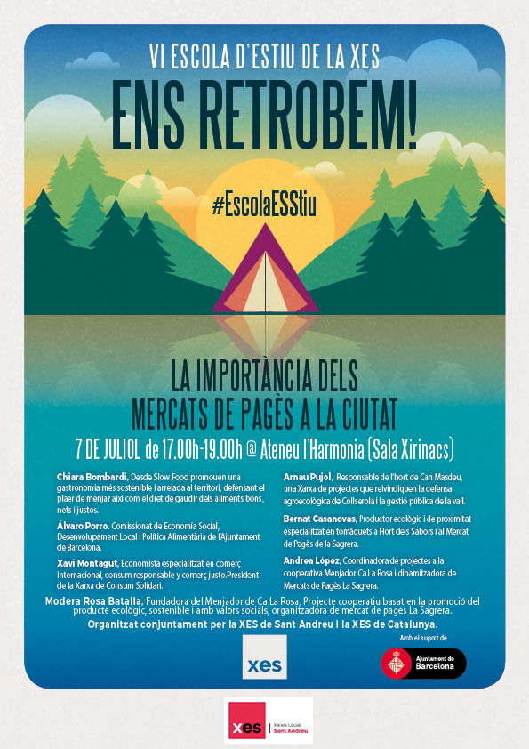 A més, dijous 7 a les 17h la <a href="/XES_SantAndreu/">XES Sant Andreu</a> i <a href="/XES_cat/">Xarxa d'Economia Solidària de Catalunya</a> ens proposen parlar sobre la importància dels Mercats de Pagès a la ciutat, amb 6 ponents brutals: <a href="/chiarabombardi/">Chiara Bombardi</a>, Álvaro Porro, Xavi Montagut, Arnau Pujol, Bernat Casanovas i Andrea López. Moderarà la xerrada Rosa Batalla!