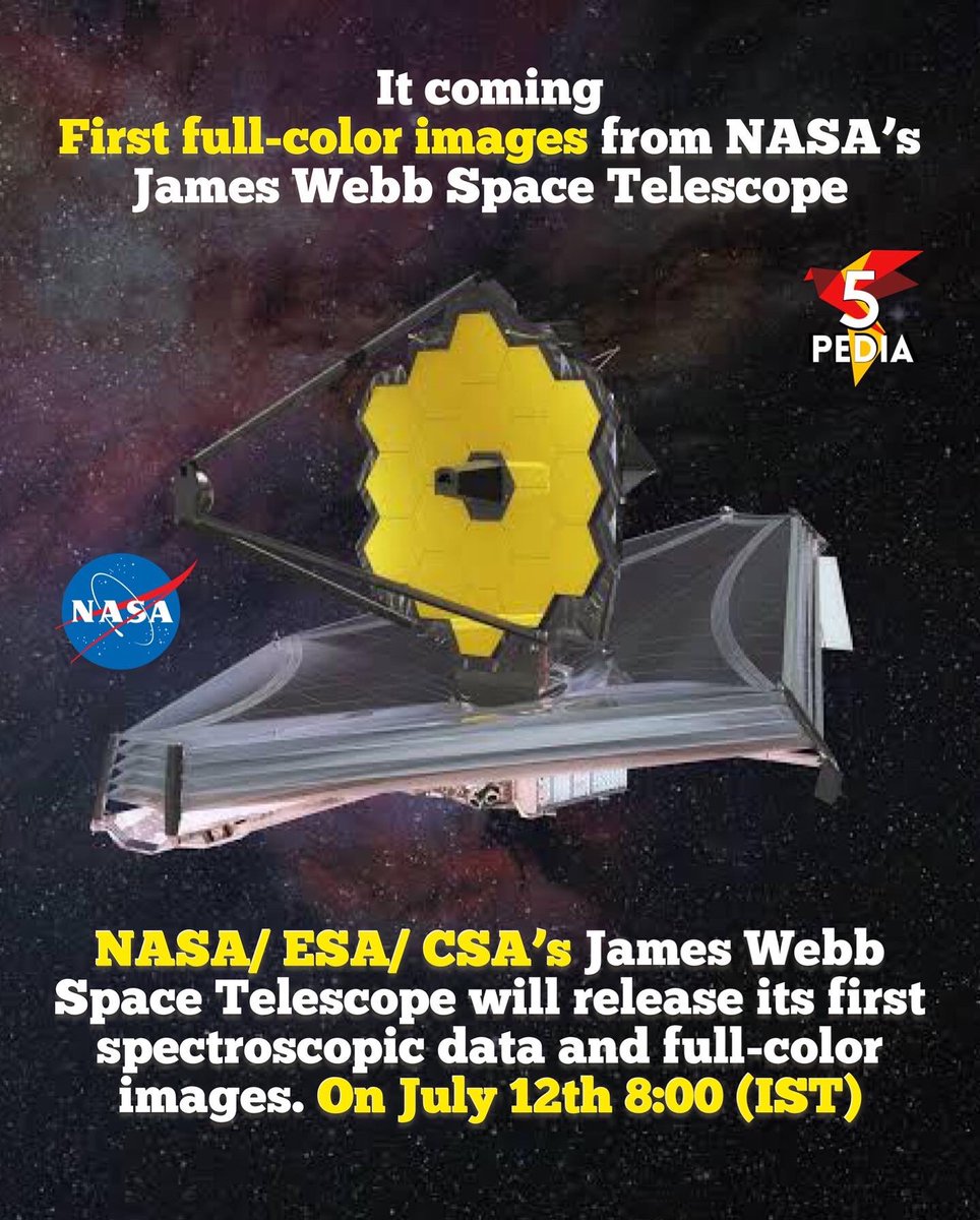 5Pedia's tweet photo. It coming soon #JamesWebb #space #nasa 
NASA James Webb #Space #Telescope will release its first spectroscopic data and full-color images. July 12th 8:00 (IST)

It’s #different to #predict exactly. What will we see in that first image from #JWST. Because JWST is so #powerful https://t.co/fZOpEWPX9o