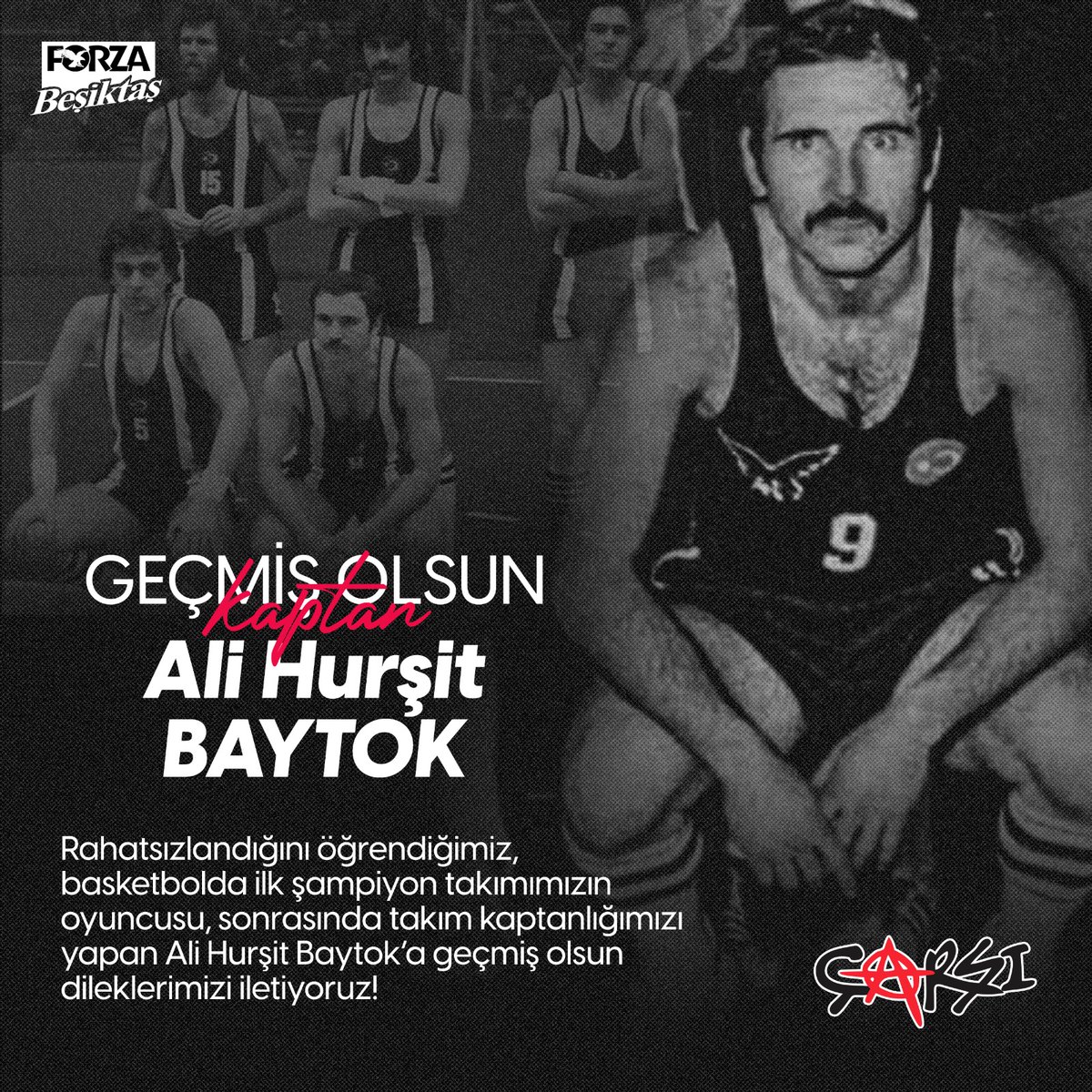 Basketboldaki ilk şampiyonluğun kadrosunda, 18 yıl formamızı giymiş ve takım kaptanlığımızı yapmış sevgili Ali Hurşit Baytok ağabeyimize rahatsızlığından dolayı acil şifalar diliyoruz.
Büyük KAPTAN’ımızı bir an önce aramızda görmek için sabırsızlanıyoruz.
#çArşı