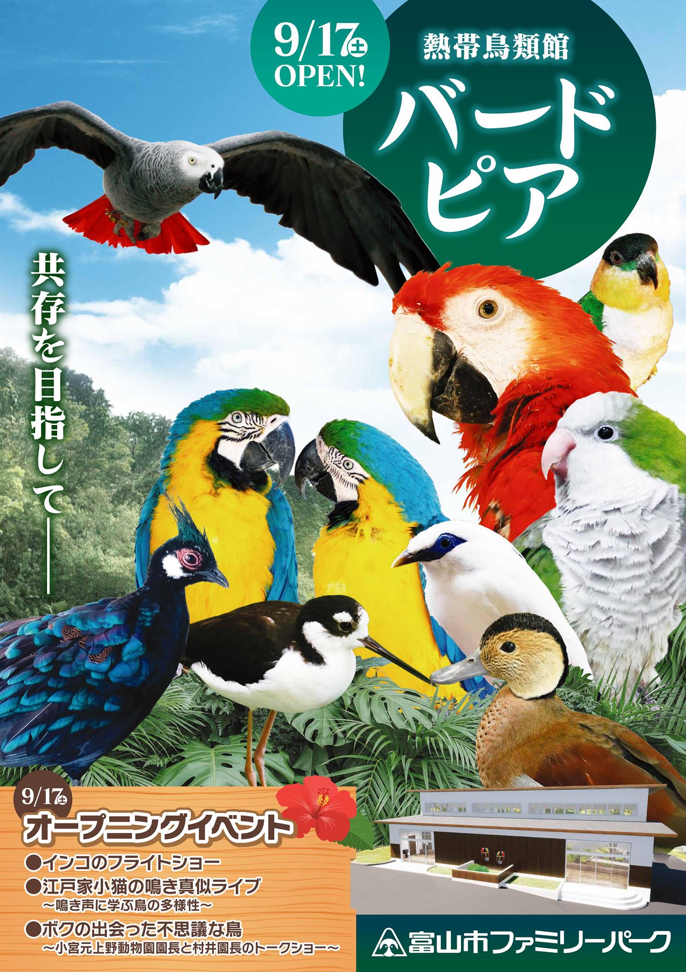 富山市ファミリーパーク 公式 熱帯鳥類館 バードピア 22年9月17日 土 にオープンします オープニングイベント インコのフライトショー 江戸家小猫の鳴き真似ライブ 鳴き声に学ぶ鳥の多様性 Edoneko5 ボクの出会った不思議な鳥 小宮