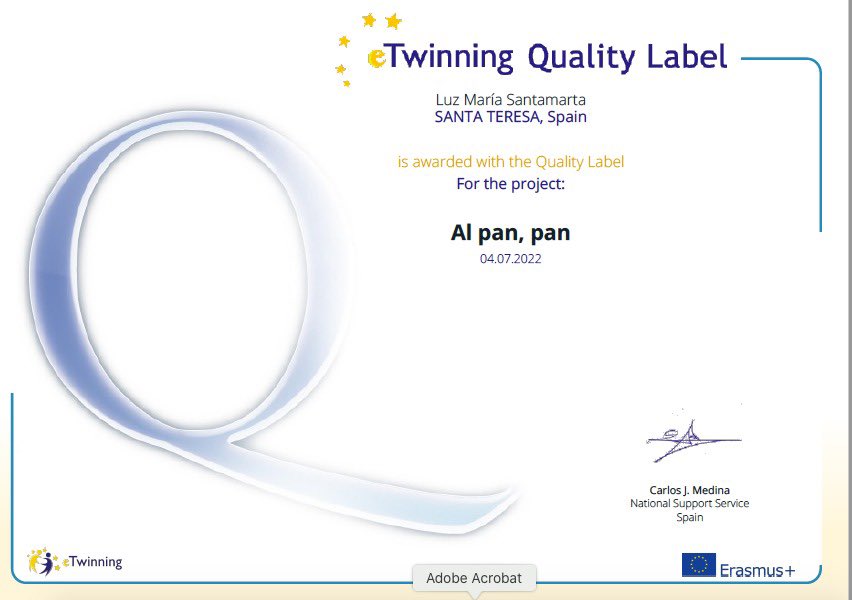 STeresaLeon's tweet image. Comenzamos el verano con un nuevo sello de calidad nacional @eTwinning_es para nuestros alumnos de 3º de ESO y sus compañeros italianos y rumanos en el extraordinario proyecto &quot;Al Pan Pan&quot;. ¿Quieres verlo? Visita bit.ly/3AhBOSm, bit.ly/3u83dT4