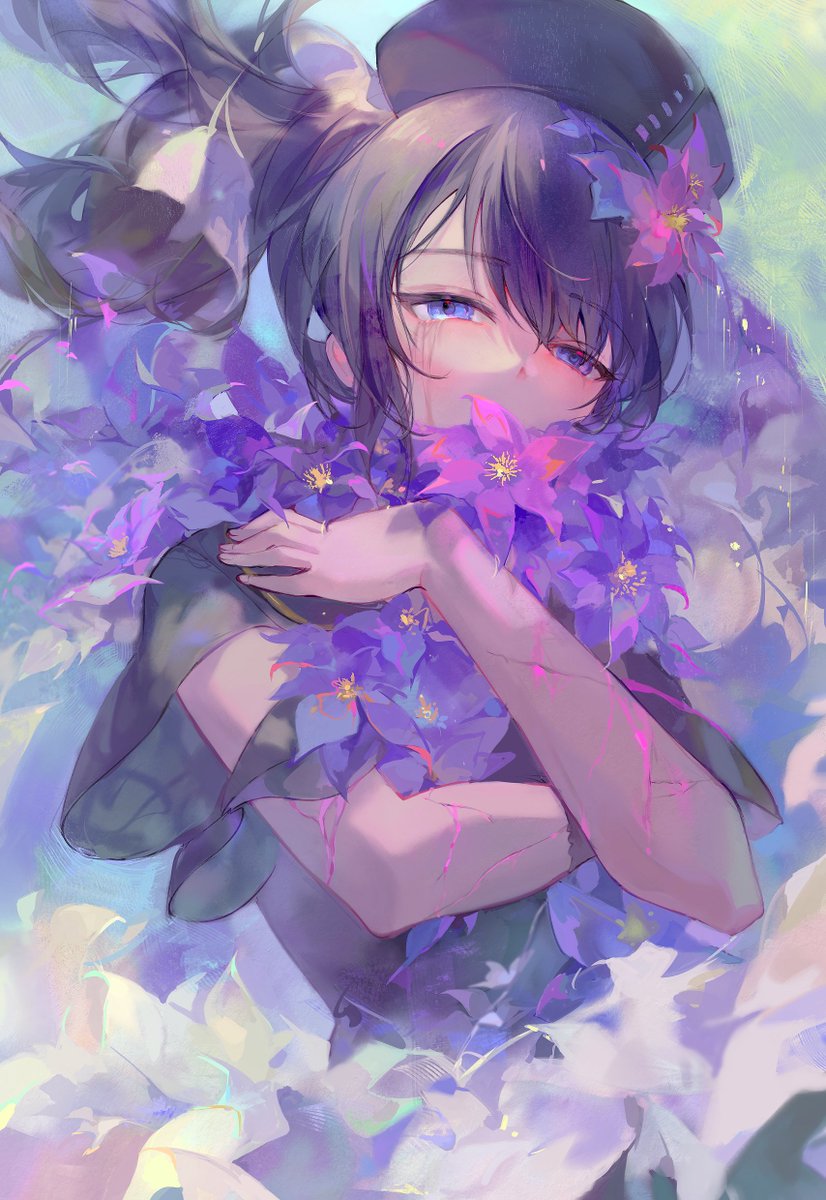 1girl flower solo blue eyes hair flower crying with eyes open purple flower  illustration images
