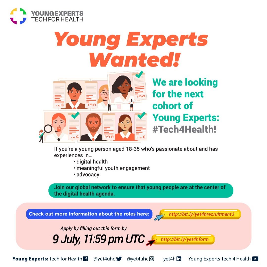 Just 4️⃣ days left to apply to be the 2nd cohort of Young Experts: #Tech4Health! Join our global movement working to center youth voices in the digital transformation of health. 💻🏥 see below for details ⏬