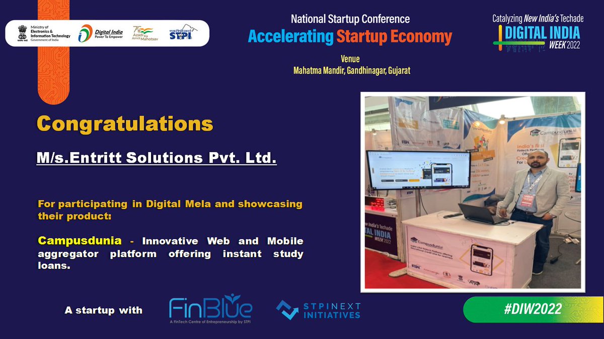 STPIChennai's tweet photo. Congratulations M/s.Entritt Solutions Pvt. Ltd., a #startup with @stpi_Finblue for participating in Digital Mela and showcasing their products. 

#DIW2022 #StartupConference #STPIINDIA https://t.co/BC0sSOPwE8