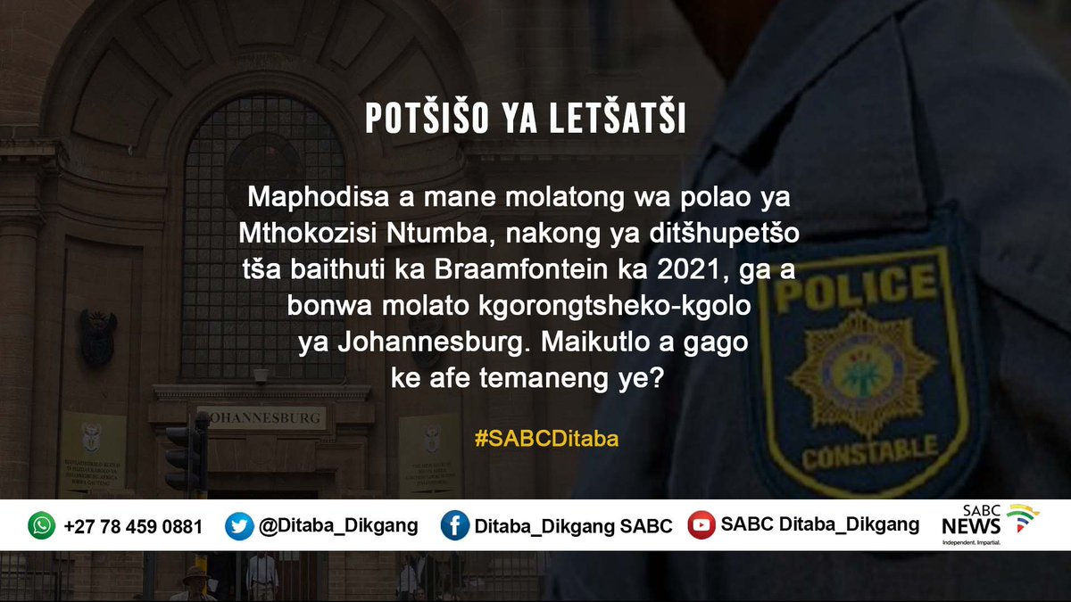 Dignews04's tweet photo. Re a tamiša!

Potšišo ya letšatši ditabeng tša Sepedi ke yeo.

Ntšha sa mafahleng a gago letlakaleng le, goba ka kgatišo ya video/lentšu go WhatsApp: +27 78 459 0881.

Go rena, maikutlo a lena a bohlokwa.

Ditaba di ka 20:00 godimo ga hlogo mo go 
@SABC_2

#SABCNews #SABCDitaba https://t.co/6lMJU2LFR3
