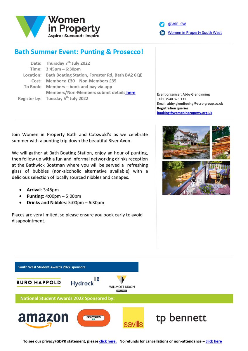 WiP_SW's tweet image. Last chance to sign up to our Punting and Prosecco event in Bath! Join us on the 7th of July (this Thursday!) to soak up the good weather with a refreshing glass of bubbles! All details below or on our App! #SummerNetworking #NetworkingBath