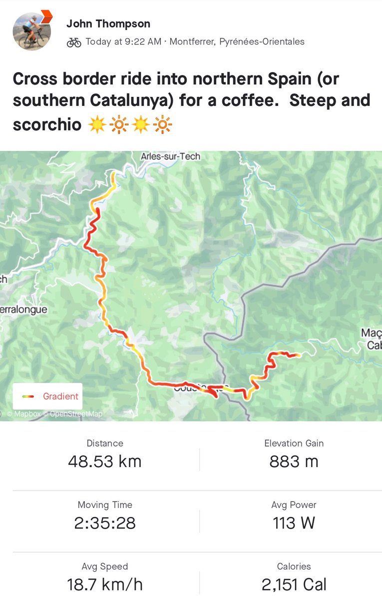 jpthompson's tweet photo. There are easier ways of nipping over the border to get a coffee.  Steep and scorchio ☀️🌞🚴 #Catalunya #roadcycling #Coustouges https://t.co/sdlUU8AH9S