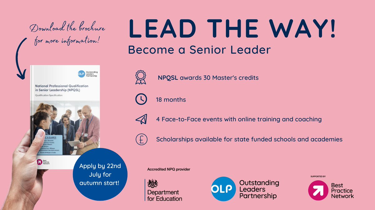outstandingldrs's tweet photo. Lead the way with #NPQ for Senior Leadership #NPQSL
👩🏽‍🏫Promote a strategic direction 
🙋‍♂️Contribute to a whole school approach
✨Improve standards through feedback
💰Scholarships available 
🍂 Apply by 22 July for Autumn 2022!
🌐https://t.co/4h9pH9jynt

#NPQSL
@bestpracticenet https://t.co/hEMlkHcBKg