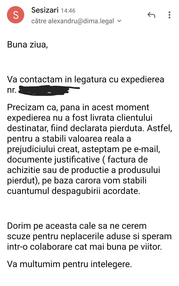 Cargus, ești groaznic. Mi-ai livrat coletul la alta adresa decât cea solicitata, mi-ai pierdut definitiv plicul cu acte originale de stare civilă, am asteptat o saptamana să pot face sesizare și acum asta e soluția ta?...