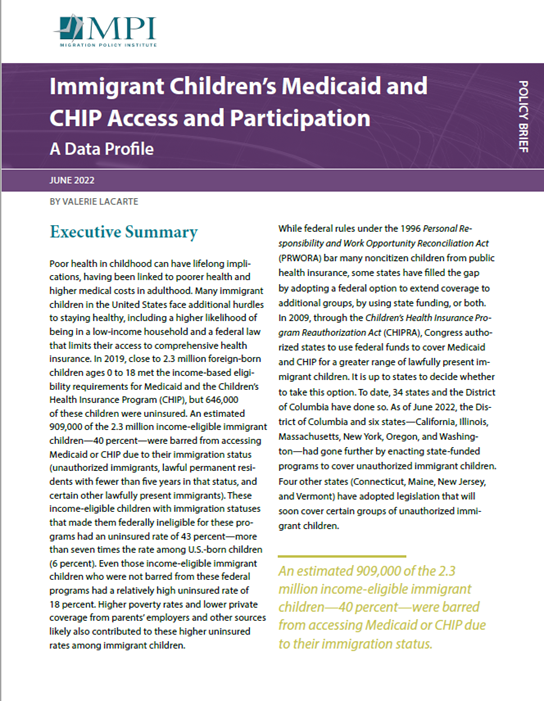 Immigration status prevented about 909,000 income-eligible immigrant children, both legally present &amp; unauthorized, from participating in Medicaid or CHIP in 2019

Our new report examines the policy landscape &amp; offers a data profile

migrationpolicy.org/research/immig…