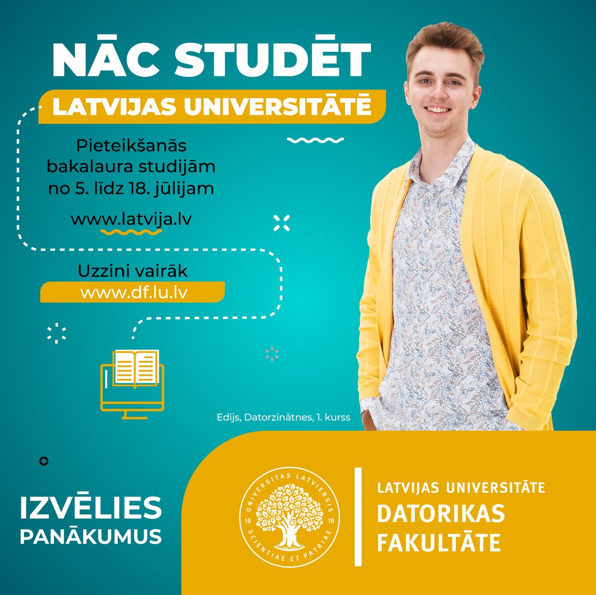 No 5. līdz 18. jūlijam studētgribētāji var elektroniski pieteikties bakalaura un koledžas līmeņa studijām, izmantojot portālu Latvija.lv, bet no 12. līdz 18. jūlijam pieteikties un apstiprināt savu pieteikumu varēs klātienē <a href="/universitatelv/">Latvijas Universitāte</a> vai citā uzņemšanas punktā.