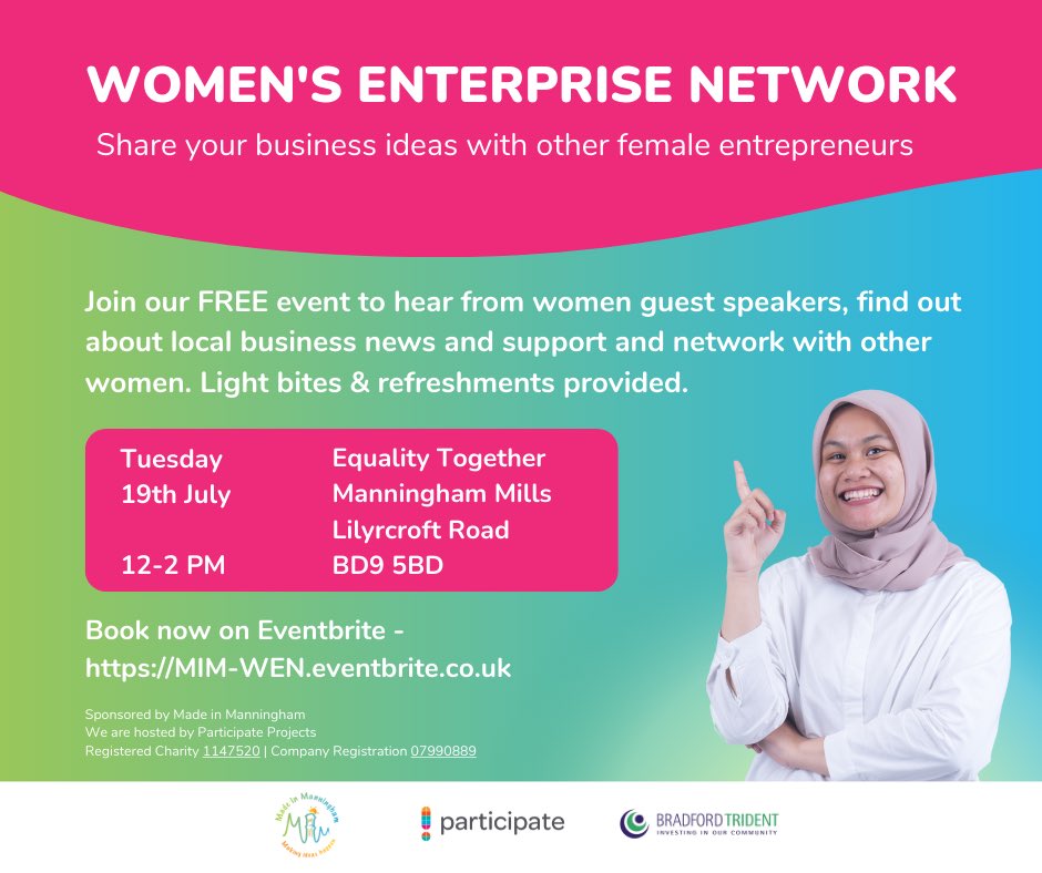 WOMENS ENTERPRISE NETWORK - Share your business news/ideas with other female entrepreneurs 

⏰19th July - 12-2 pm

📍Equality Together
Lilycroft Road, BD9 5BD 

Book here: MIM-WEN.eventbrite.co.uk

#bradford #manningham #bradfordbusiness