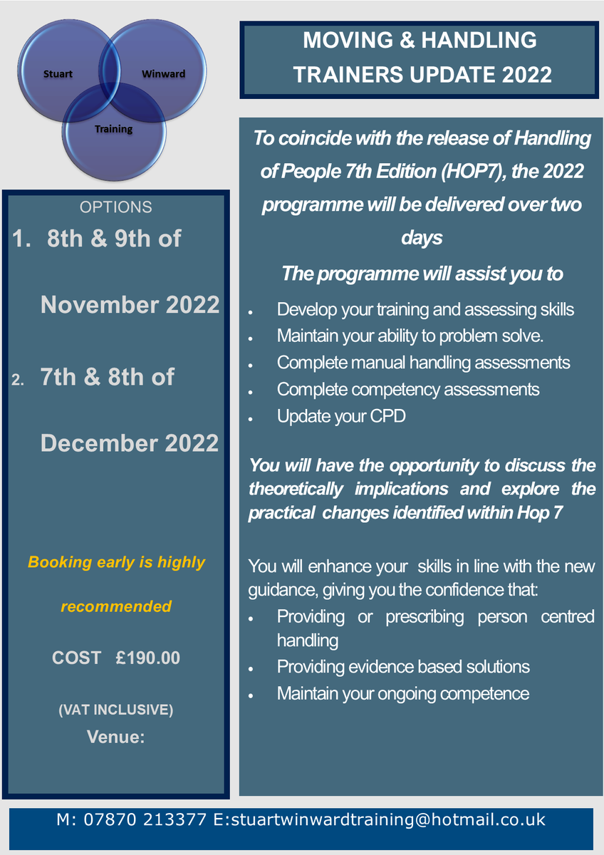 TrainingStuart's tweet image. Calling all Moving &amp;amp; Handling Trainers
Are you looking to refresh your knowledge and enhance your practical skills? 
inbox or email: stuartwinwardtraining@hotmail.co.uk
#trainthetrainer #CPD #movingandhandling #trainthetrainer #evidencebased #personcentred