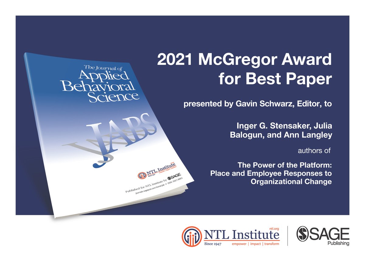 Congratulations to the winners of the 2021 McGregor Award for Best Paper:

Inger Stensaker, Julia Balogun, &amp; Ann Langley

authors of

The Power of the Platform: Place &amp; Employee Responses to Organizational Change

Read the full paper... doi.org/10.1177/002188…

#employee #change