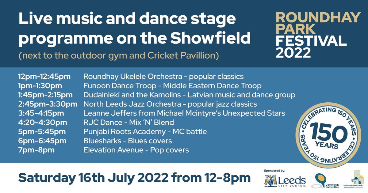 How is this next week? Join us in Roundhay Park on 16th July to celebrate its 150-year birthday, buy some food, listen to live music and celebrate everyone’s favourite ‘people’s park’ with <a href="/ForpLeeds/">Friends of Roundhay Park</a> <a href="/LeedsParks/">Leeds Parks</a> #roundhayparkfestival
