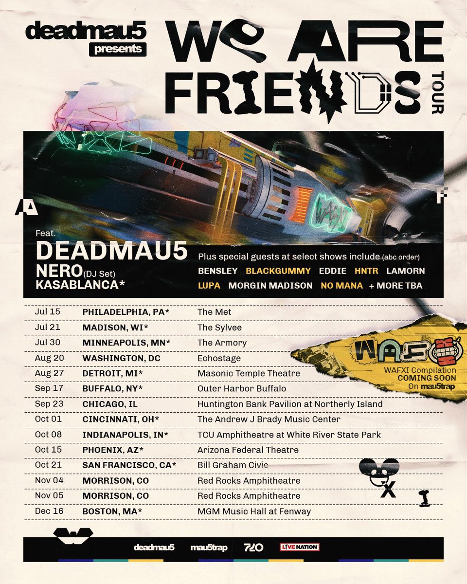 deadmau5's tweet photo. horde! weโre 10 days out from the first #wearefriendstour show! kicking this off in Philly at @themetphilly on July 15th! whoโs in?! for tickets + all the info check https://t.co/wedz8k6iVK :P https://t.co/m0noiSnu1o