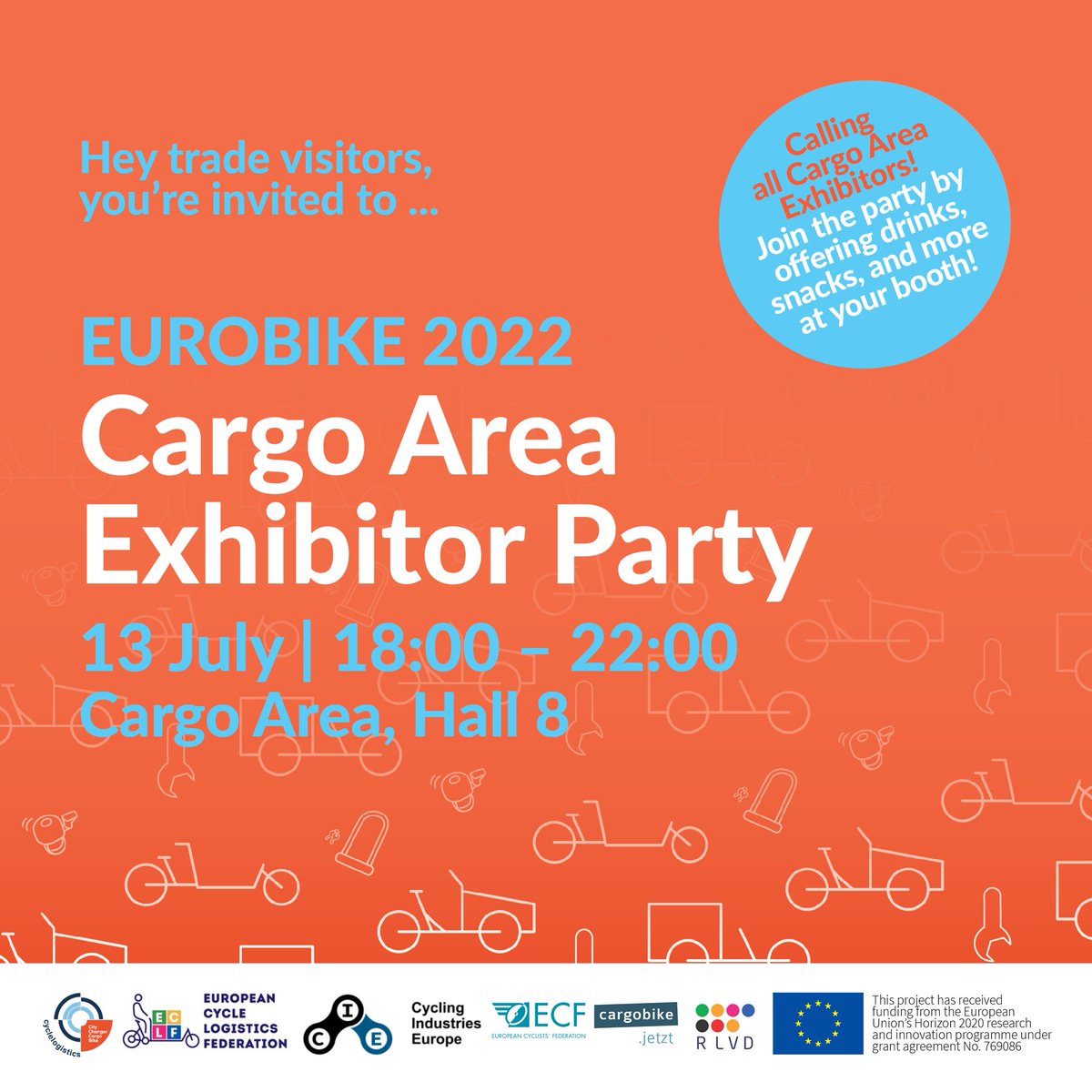 Hey EUROBIKE 2022 trade visitors! Come meet the Cargo Area Exhibitors and enjoy drinks, snacks, music and more 🎊 July 13, 18:00 - 22:00, Cargo Area.