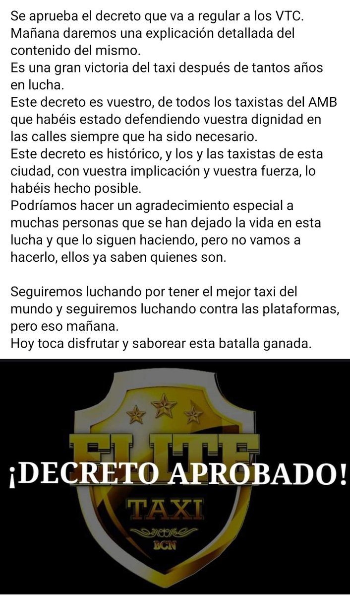 Elite_TaxiBcn's tweet photo. Hoy es un día histórico para el taxi.
Esperemos que este decreto que regula la actividad de los VTC sirva para que haya una convivencia real y que cada servicio se limite a hacer su trabajo.
Enhorabuena a todo el sector del taxi del AMB por defender sin tregua vuestra dignidad. https://t.co/2BetV3IuaY