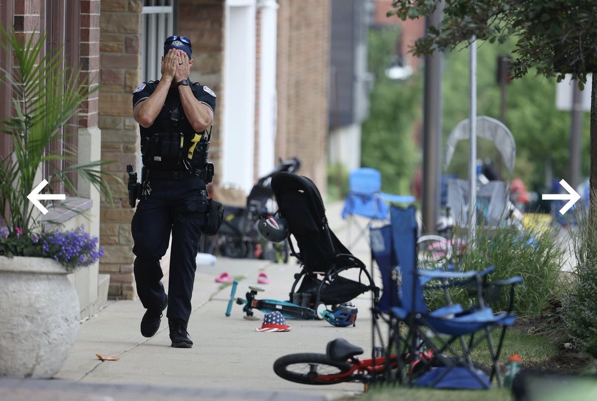 amyklobuchar's tweet photo. This AP photo of an officer on the Highland Park parade route once filled with little kids waving American flags says it all. 

This officer can’t fix it by himself. We must do more. Take on assault weapon sales and the gun lobby. Stop the carnage. https://t.co/LsYdM03ywH